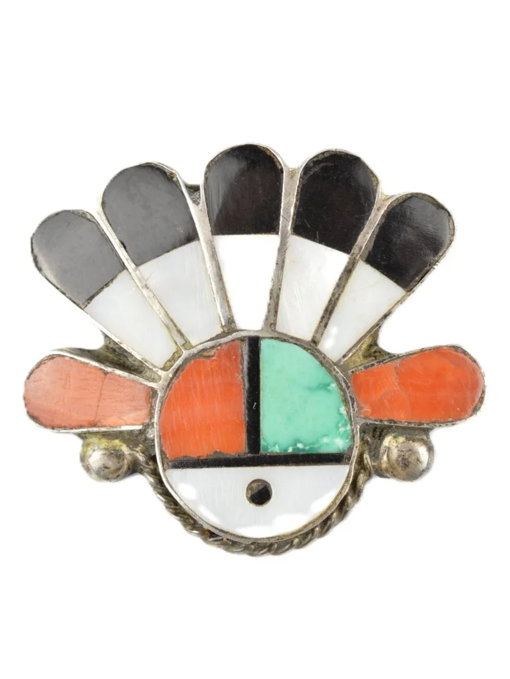 Vintage Zuni Sunface Brooch Pin Sterling Silver Multi Stone Mosaic Inlay 1.25
